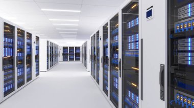 Veri Merkezi 'nin tam teşekküllü sunucu raflarıyla çekilmiş hali. Modern Telekomünikasyon, Veri Merkezi soğutma, sunucu odası, 3D görüntüleme