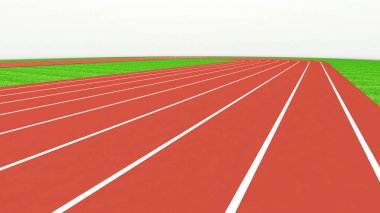 Spor sahasında koşu pisti ve kırmızı pist müsabakası, düz görüş, 3D görüntüleme.