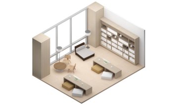 Ofis bekleme alanları ve koridorları bina, ofis alanı, 3D görüntüleme