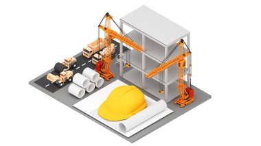 İnşaat vinci kullanımı, yüksek binaların ereksiyonu ve inşaat malzemeleri yükleme ve boşaltma. , Yüksek-binalı inşaat mühendisliği, 3D görüntüleme