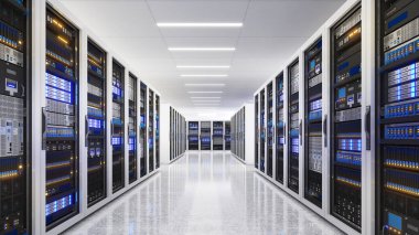 Beyaz depolama ve işleme birimi, büyük yapay zeka işleme sunucu odası, veri merkezi depolama ve ağ işleme odası, SSD ve sabit disk sürücüsü depolama ve işlemci soğutma sistemi, 3D oluşturma