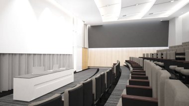 Büyük bir seminer odası, büyük bir akademik kapasiteye ve çeşitli işlere sahip toplantı odası. Ses geçirmez halısı olan beyaz ve gri tonlu bir oda..