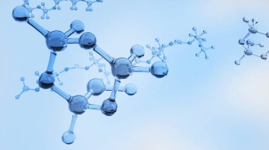 Bilim ve biyokimya bilgisindeki moleküler yapıyı ve kimyasal maddeleri simüle eden arkaplan görüntüsü, 3D görüntüleme.