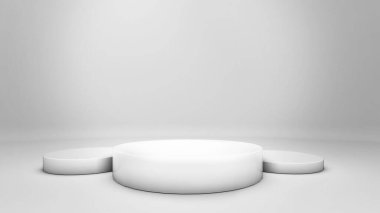 Ürün görüntüleme grafikleri için beyaz arkaplan üzerinde üç beyaz yuvarlak şekil modeli, 3B oluşturma.
