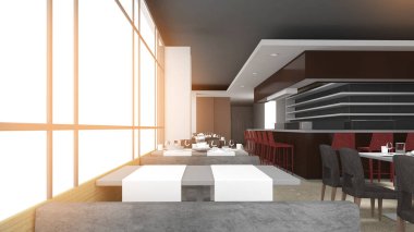 Restoran, yemek siparişi tezgahı ve oturma odası, renk ve dış aydınlatma kombinasyonu, 3D görüntüleme.