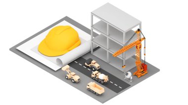 İnşaat vinci kullanımı, yüksek binaların ereksiyonu ve inşaat malzemeleri yükleme ve boşaltma. , Yüksek-binalı inşaat mühendisliği, 3D görüntüleme