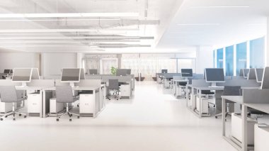 Masaları ve koridorları olan büyük bir ofis binasında çalışma alanı, parlak beyaz ışık tonu, 3D görüntüleme