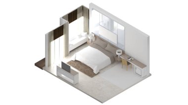Isometric view of a master bedroom,residential area, 3d rendering.