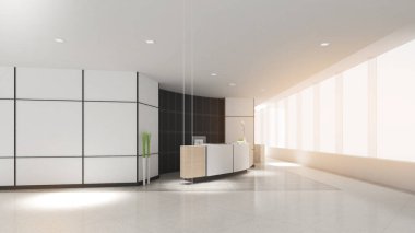 Büyük ofis salonu. Beyaz yapı ışıkla parıldıyor. Ofis alanı, 3D görüntüleme.