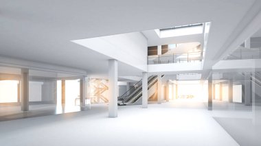 Büyük, beyaz, parıldayan bina, yapısal işler için alan, büyük alışveriş merkezi yapısı, 3D görüntüleme
