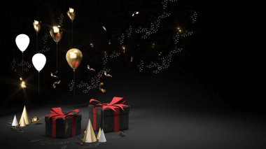 Kara Cuma siyah arka planda ve festival için bir hediye kutusu kutlaması, 3D