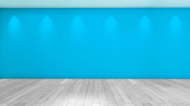 Ahşap bir odada mavi boş bir duvar. Grafik tasarımı için resim ya da metin eklemek için boş duvar modeli., 3B görüntüleme