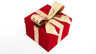 Güzel altın fiyonklu kırmızı hediye kutusu. Festivaller için hediye ve ödüllendirme.