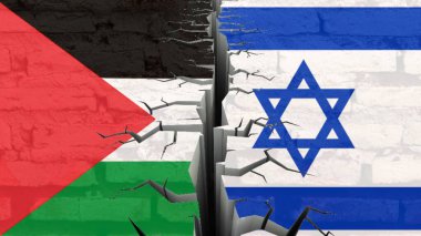 Kırık duvarda Filistin ve İsrail bayrakları