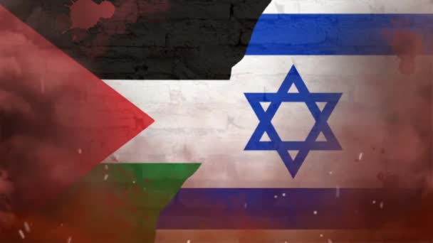 パレスチナとイスラエルの旗が割れた壁に描かれている — ストック動画