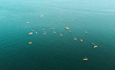Göl kenarındaki dik duran kürek tahtalarının havadan görüntüsü. Su sporları konsepti. Doğa.