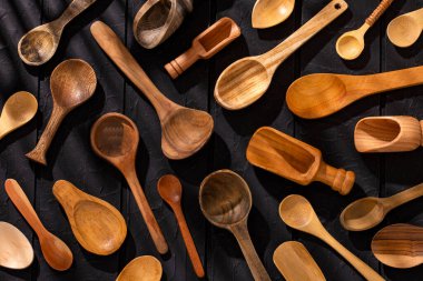 Different types of wooden spoon, kitchen utensil on white background