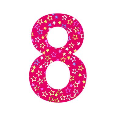 8 numara, parlak yıldızlı renkli parti konfetileri. Rodamine kırmızısı.