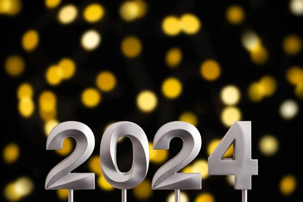 Achievements New Year 2024 Silver Number Dark Defocused Lights — Stock Photo, Image