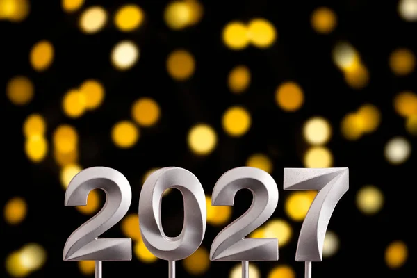 New Year 2027 Silver Number Black Background Defocused Lights — Stock Photo, Image