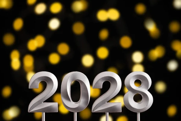 Achievements New Year 2028 Silver Number Dark Defocused Lights — Stock Photo, Image