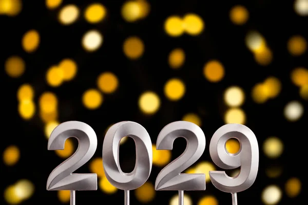 Ano Novo 2029 Número Prata Fundo Preto Com Luzes Desfocadas — Fotografia de Stock