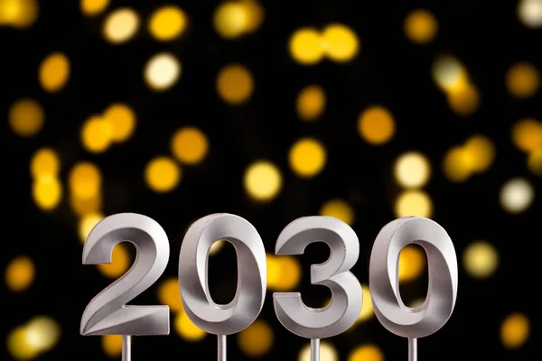 Osiągnięcia Nowy Rok 2030 Srebrna Liczba Ciemku Nieostrymi Światłami — Zdjęcie stockowe