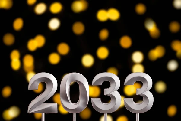 New Year 2033 Silver Number Black Background Defocused Lights — Stock Photo, Image