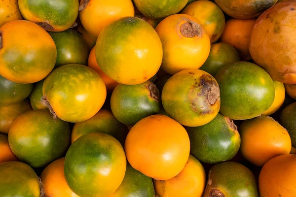 Solanum Quitoense Naranjilla Fruta Tropical Plaza Del Mercado Colombiano —  Fotos de Stock