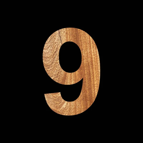 Číslo Devět Dubovém Dřevě Černé Pozadí — Stock fotografie