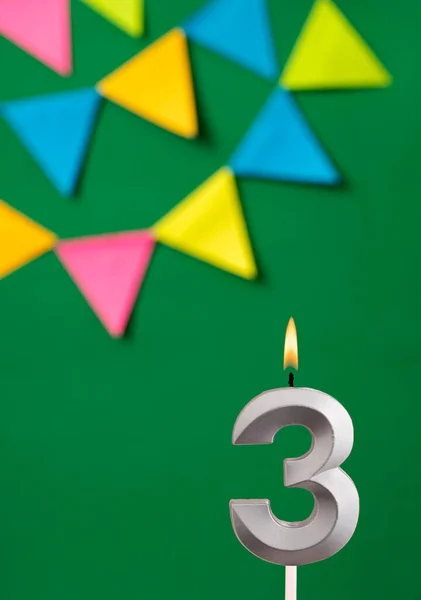 3Rd Birthday Candle Πράσινη Κάρτα Γενεθλίων Πένες — Φωτογραφία Αρχείου