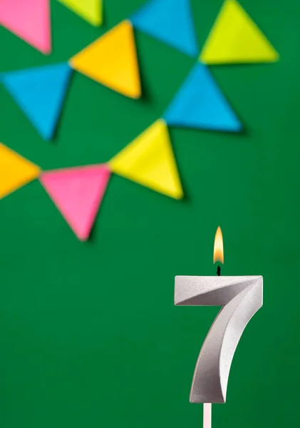 Сьома Свічка День Народження Зелена Ювілейна Листівка Вимпелами — стокове фото