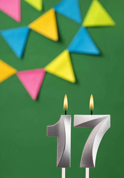 17Th Birthday Candle Green Anniversary Card Med Bunting — Stockfoto