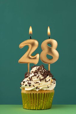 28 numaralı mumlu doğum günü kartı - yeşil arkaplan