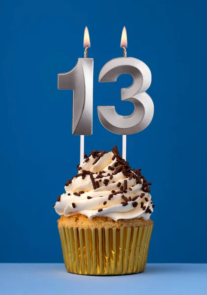 Burning Candle Number Birthday Card Cake Blue Background — Stock Photo, Image