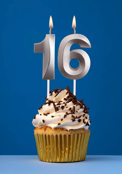 Horizontale Geburtstagskarte Mit Kuchen Kerze Auf Blauem Hintergrund — Stockfoto