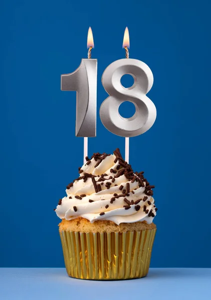 Horizontal Birthday Card Cake Lit Candle Number Blue Background — Stock Photo, Image