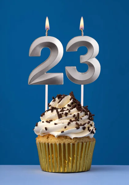 Burning Candle Number Birthday Card Cake Blue Background — Stock Photo, Image