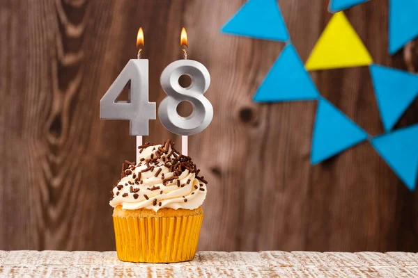 Burning Candle Birthday Number Wooden Background Pennants — Stock Photo, Image