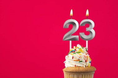 Üzerinde pasta olan yatay doğum günü kartı. 23 numaralı mum yanıyor.