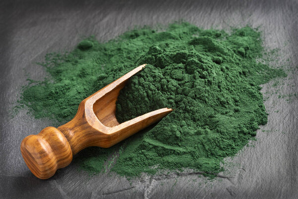 Spirulina powder healthy dietary supplement - Algae powder in spoon