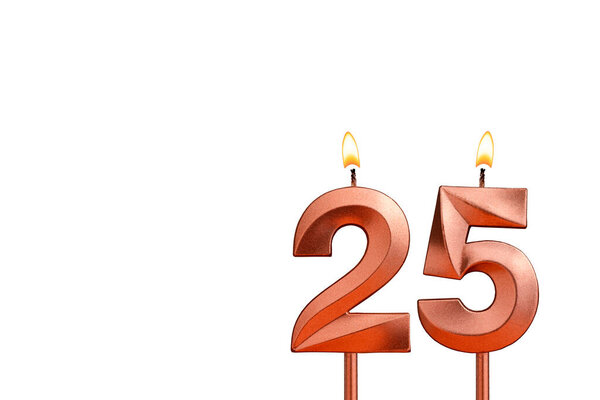 Birthday candle number 25 on white background