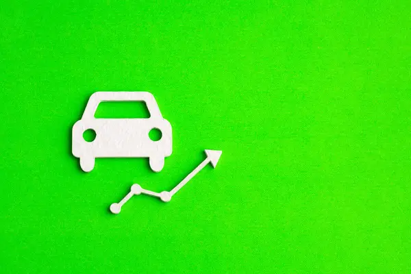 Electric car cost increasing graph - Car icon with arrow on green background