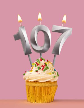 İçinde kek ve 107 numaralı mum olan doğum günü kartı.
