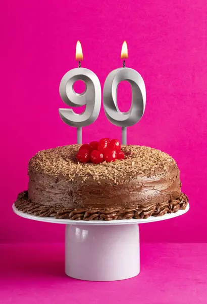 Birthday Card Candle Number Chocolate Cake Pink Background — Stock Photo, Image