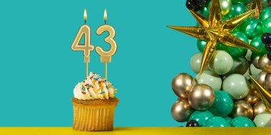 43 numaralı doğum günü kartı, balonlu kek.