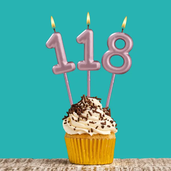 Birthday Card Number 118 Candle Aquamarine Background — Stock Photo, Image