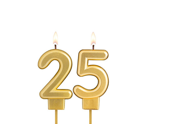 Birthday candle number 25 on white background