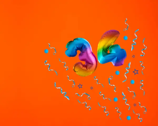 Multicolor Balloon Number Confetti Explosion Orange Background Birthday Card — Stock Photo, Image