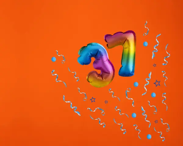 Confetti Explosion Number Balloon Celebration Orange Background Birthday Card — Stock Photo, Image